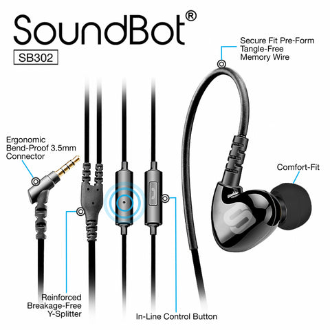 SoundBot® SB302 Secure Fit Sports Active Earphone w/ Memory Frame & Human Engineering Design
